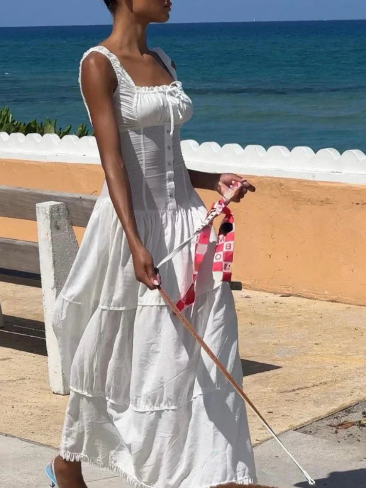 Fashion-Forward Women's Clothing Summer White Beach Vintage Long New Holiday Women Button Fashion Pure Pleated Elegant Maxi Dress Fashion-Forward Women's Clothing Summer White Beach Vintage Long New Holiday Women Button Fashion Pure Pleated Elegant Maxi Dress