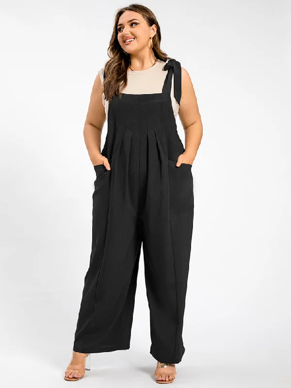 Huge Price Cut Plus Black Tie Shoulder Pocket Ruched Cami Jumpsuit