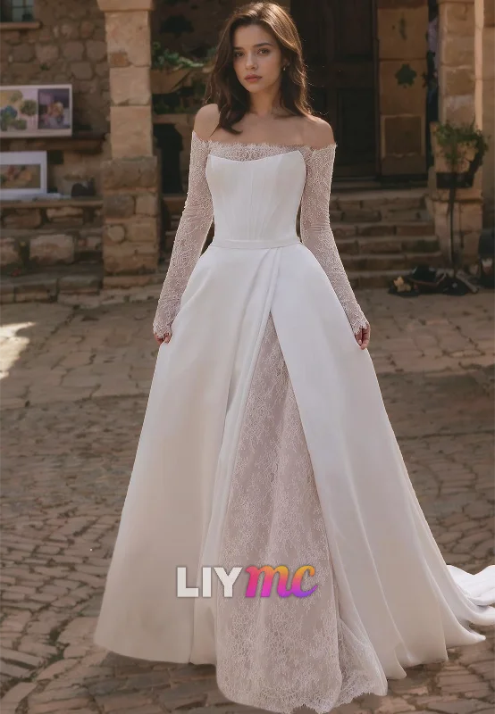 Women's Clothing For Special Occasions Off-Shoulder Long Sleeves Appliques Satin A-Line Wedding Dress Women's Clothing For Special Occasions Off-Shoulder Long Sleeves Appliques Satin A-Line Wedding Dress