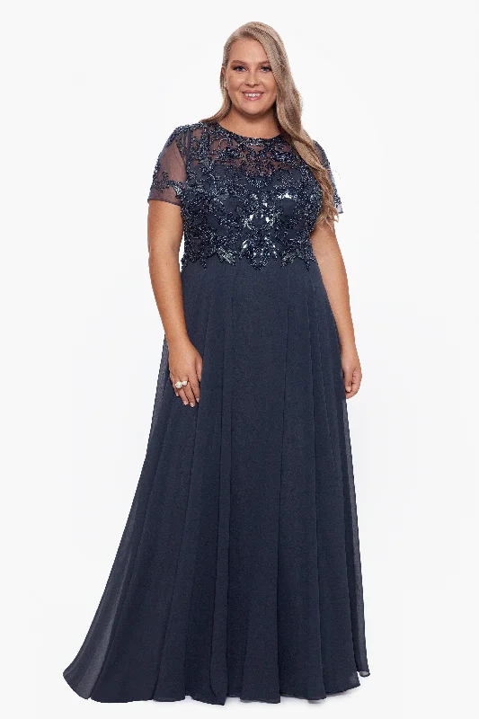 Odd Size Clearance Sale Plus "Jerri" Beaded Short Sleeve Chiffon Gown