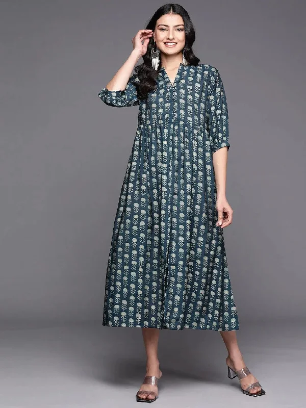 Cutting Edge Fashion Blue Printed Silk Fit and Flare Dress