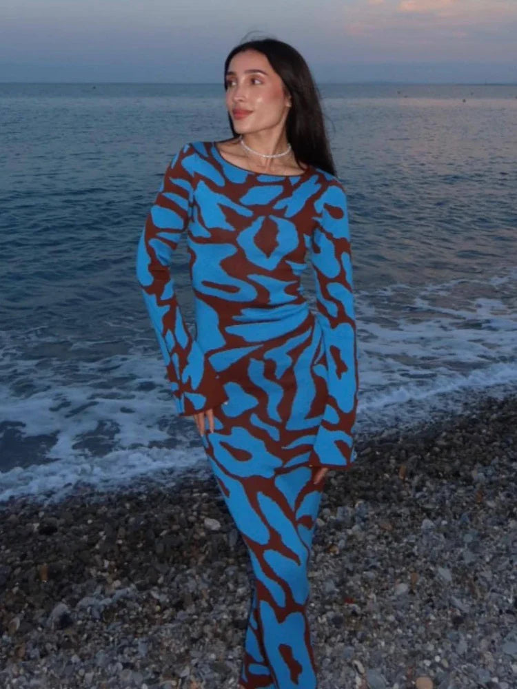 Women's Holiday Clothing Autumn Knitted Bodycon Flare Sleeve Geometric Printed Long Maxi Dress Women's Holiday Clothing Autumn Knitted Bodycon Flare Sleeve Geometric Printed Long Maxi Dress