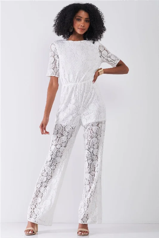 Women Online Clothing Boutiques Lace Crochet Self-Tie Open Back Wide Leg Jumpsuit