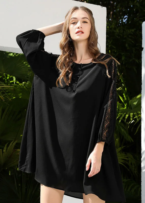 Exclusive Women's Fashion Collection French Black Oversized Patchwork Lace Chiffon Dresses Bracelet Sleeve