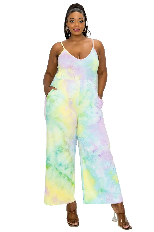 Sporty Streetwear Tie Dye Cami Neck Wide Legged Pocket Jumpsuit