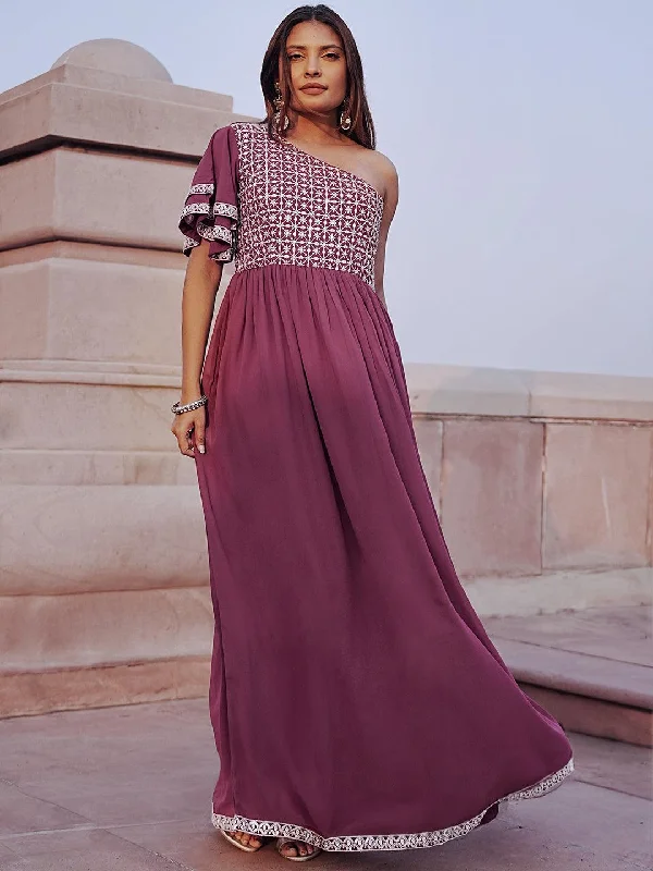 Ride The Style Wave Mauve Embroidered Georgette Gown