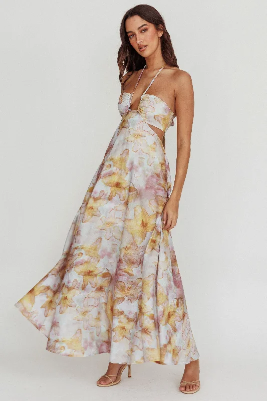 Cutting Edge Fashion Onika Cut-Out Tied Back Floral Maxi Dress Yellow