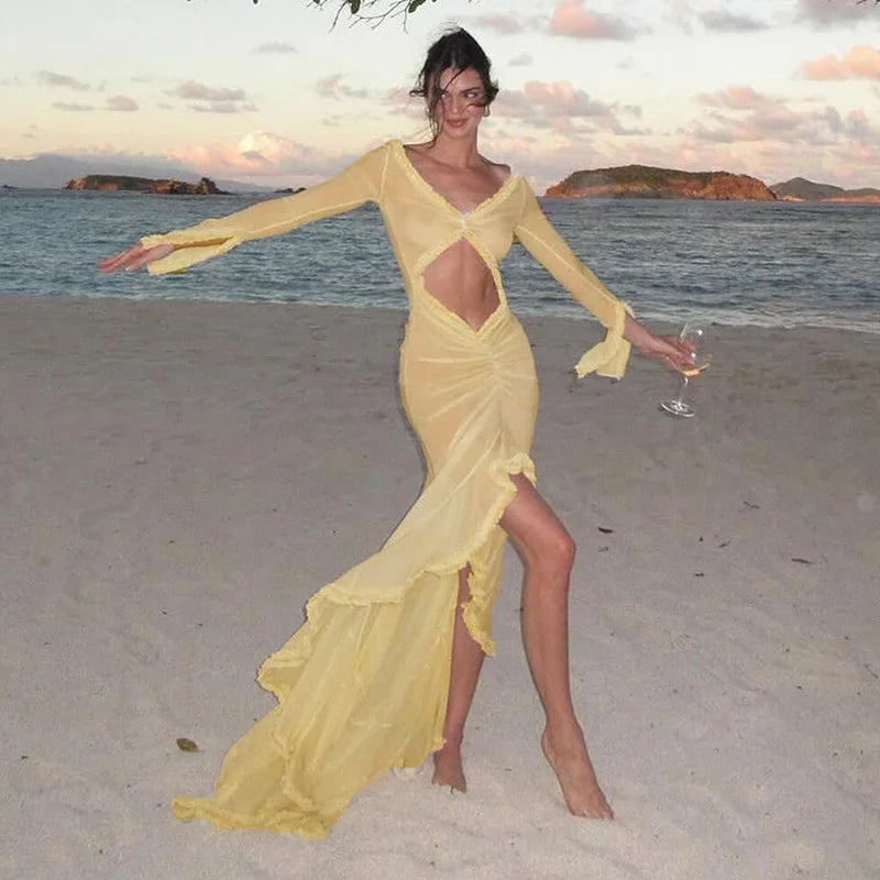 Women's Casual Wear Clothes Elegant Yellow See Through Ruched Summer Long Sleeve Maxi Dress Women's Casual Wear Clothes Elegant Yellow See Through Ruched Summer Long Sleeve Maxi Dress