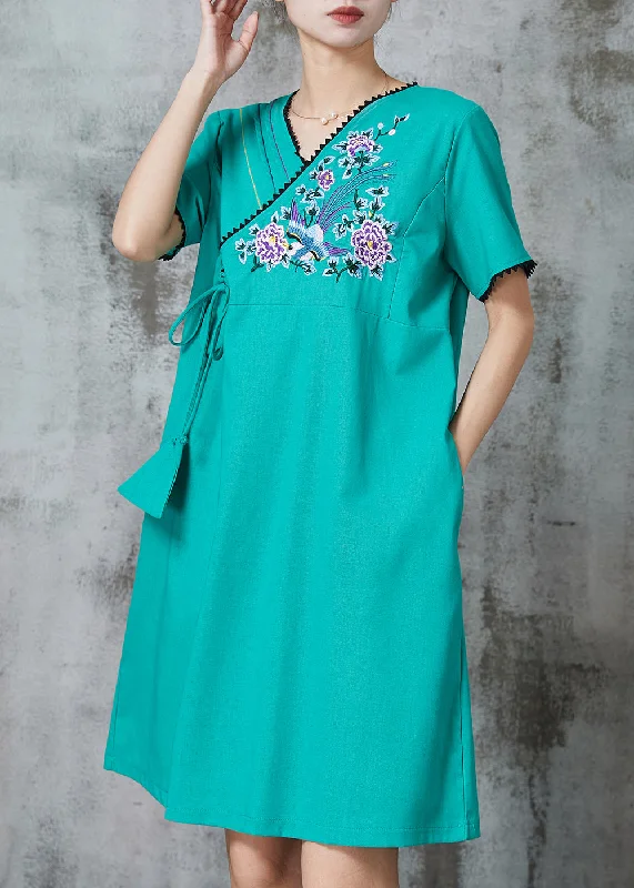 You'Ll Love Us Because Green Retro Cotton Holiday Dress Embroidered Summer