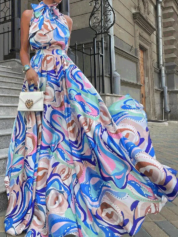 Luxury Women's Clothes Printed Sling Sleeveless Chiffon Dress