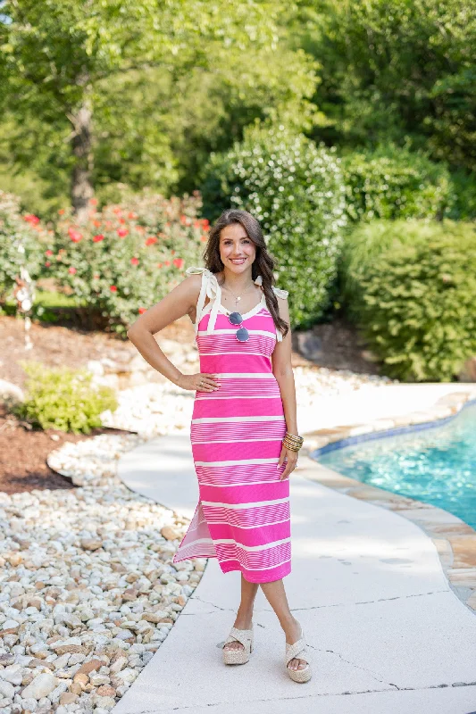 Clearance Sale Coastal Stripes Pink Midi Dress