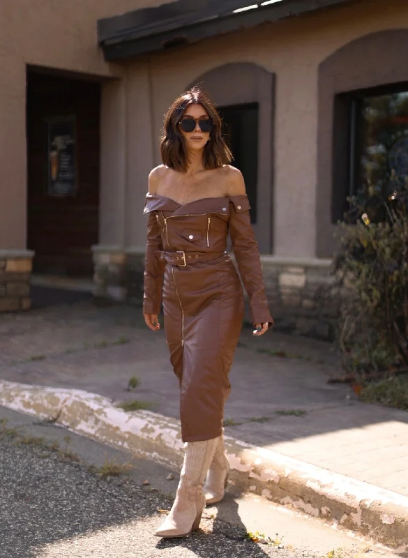 Fashion For Every Occasion Mocha Leather Midi Dress