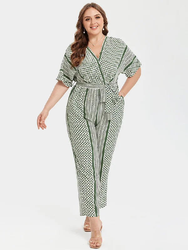 Pastel Styles Plus Sage Green Striped V-Neck Pocket Wrap Jumpsuit