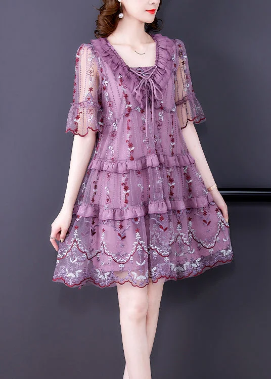 High-Fashion Women's Clothing Stylish Purple V Neck Patchwork Lace up Tulle A Line Dress Short Sleeve High-Fashion Women's Clothing Stylish Purple V Neck Patchwork Lace up Tulle A Line Dress Short Sleeve