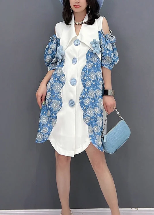 Designer Women's Fashion Online Cute Women Blue Peter Pan Collar Print Button Shirts Mid Dress Sleeve