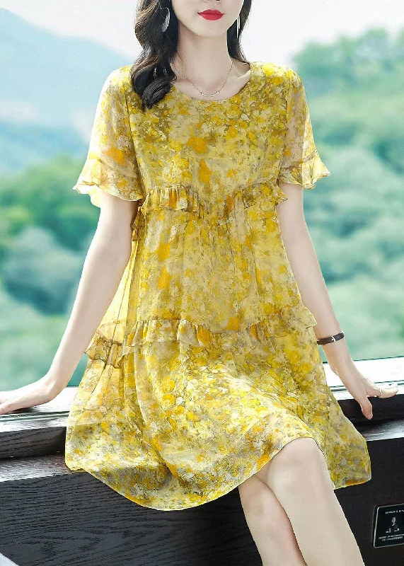 Women's Clothes Online Shopping Elegant Yellow O-Neck Patchwork Ruffles Print Chiffon Holiday Dress Summer