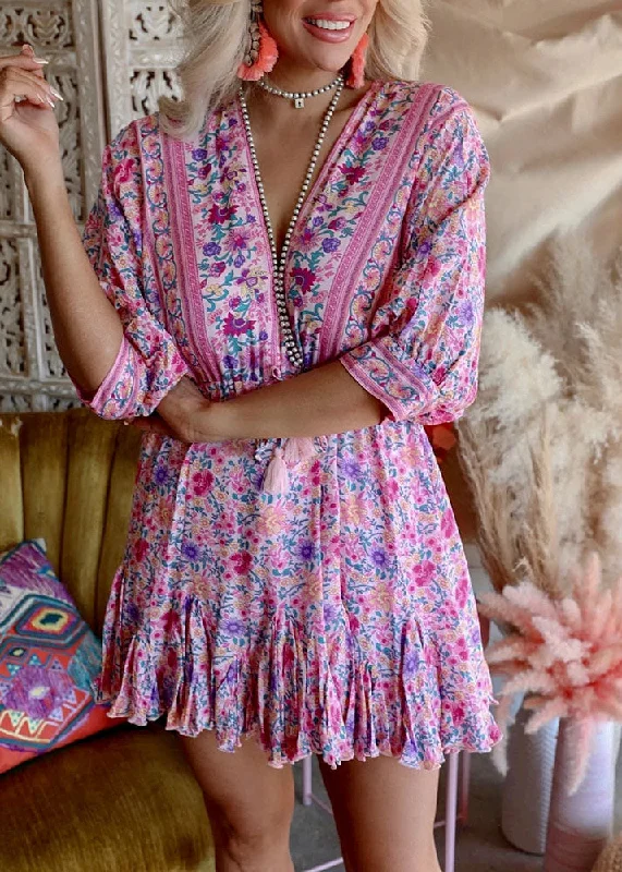 Tailored Clothing For Women Bohemian Pink Asymmetrical Design Print Backless Outfit Mid Dress Half Sleeve Tailored Clothing For Women Bohemian Pink Asymmetrical Design Print Backless Outfit Mid Dress Half Sleeve