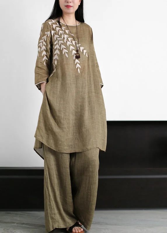 Women's Sporty Chic Clothes Casual Chocolate Green O-Neck Leaf Embroideried Side Open Linen Two Pieces Set Summer Women's Sporty Chic Clothes Casual Chocolate Green O-Neck Leaf Embroideried Side Open Linen Two Pieces Set Summer