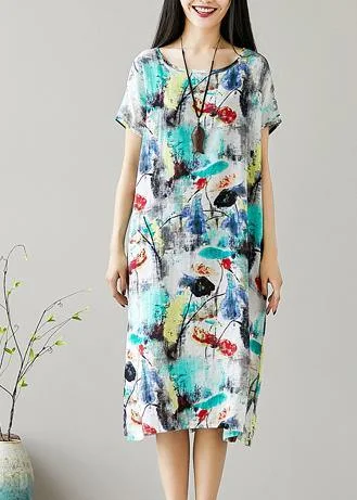 Women's Urban Clothing Organic o neck Cotton Tunics Sewing green print Dresses summer Women's Urban Clothing Organic o neck Cotton Tunics Sewing green print Dresses summer