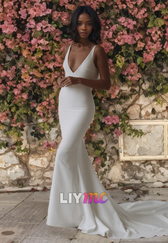 Women's Plus-Size Clothes V-Neck Sleeveless Sleek Mermaid Beach Backless Wedding Dress Women's Plus-Size Clothes V-Neck Sleeveless Sleek Mermaid Beach Backless Wedding Dress