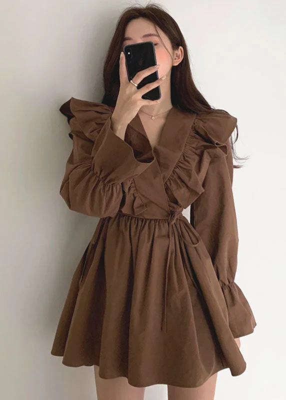 Women's Clothing for Every Season and Trend Modern Chocolate V Neck Ruffles Tie Waist Cotton Vacation Dress Spring