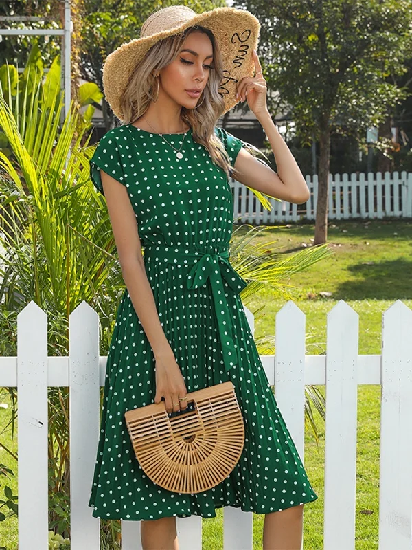 Women's Vintage Clothes KittenAlarm - Polka Dot print Belted Pleated A-line Dress