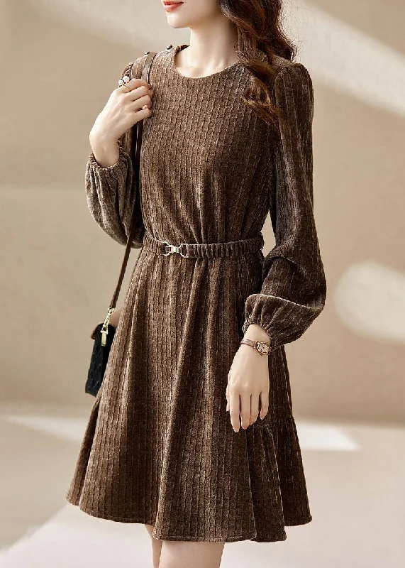 Women's Casual Clothing For Lounging Women Coffee O Neck Sashes Patchwork Silk Velour Mid Dress Spring Women's Casual Clothing For Lounging Women Coffee O Neck Sashes Patchwork Silk Velour Mid Dress Spring