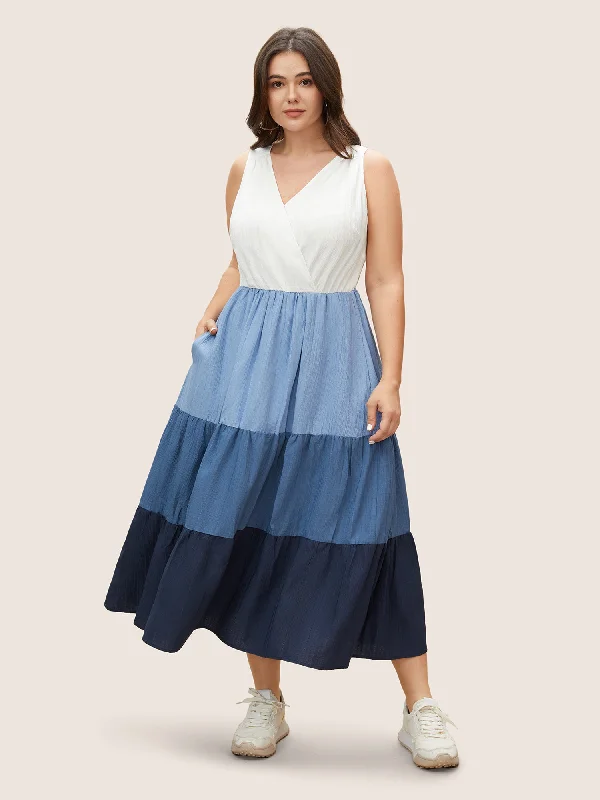 Women Wear Online Colorblock Contrast Ruffle Layered Hem Dress