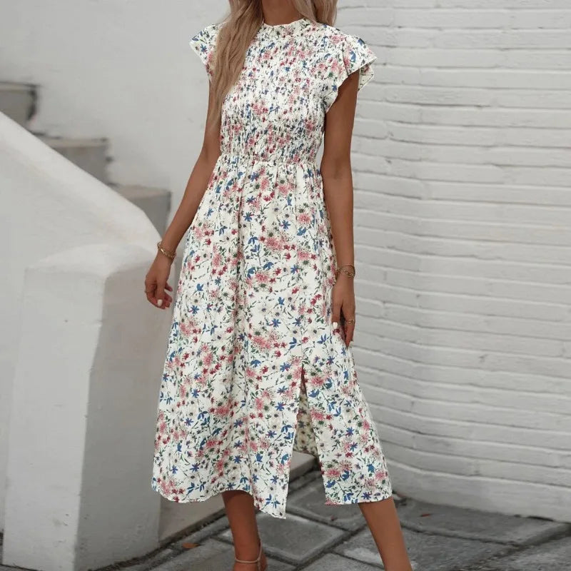 Women's Clothing For Travel Elegant Floral Print O-neck Short Sleeve Elastic High Waist Split Midi Dress Women's Clothing For Travel Elegant Floral Print O-neck Short Sleeve Elastic High Waist Split Midi Dress