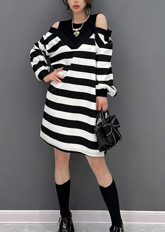 Trendy Women's Outfits for Casual Wear Striped O-Neck Fake Two Pieces Knit Mid Dresses Winter