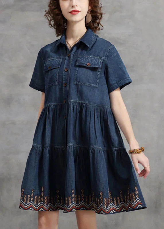 Formal Clothing For Women Beautiful Denim Blue Peter Pan Collar Embroideried Cotton Shirt Dress Short Sleeve Formal Clothing For Women Beautiful Denim Blue Peter Pan Collar Embroideried Cotton Shirt Dress Short Sleeve