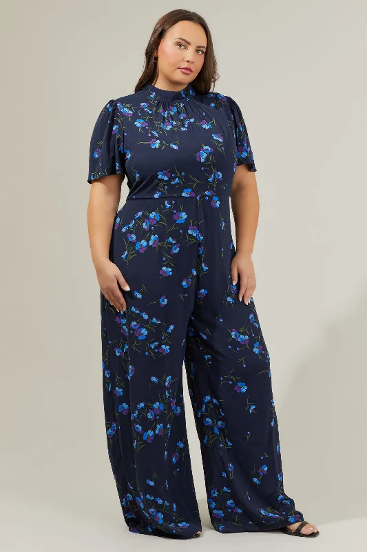 Women's Clothes For Work Torun Floral Mock Neck Wide Leg Jumpsuit Curve
