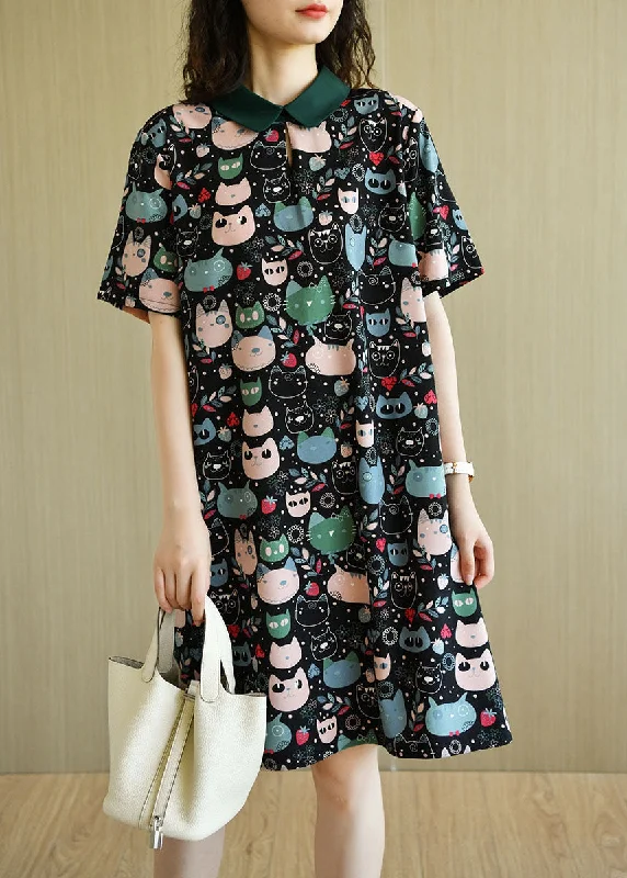Women's Comfortable Clothes For Weekends Diy Black Peter Pan Collar Zippered Cat Print Chiffon Mid Dress Short Sleeve Women's Comfortable Clothes For Weekends Diy Black Peter Pan Collar Zippered Cat Print Chiffon Mid Dress Short Sleeve