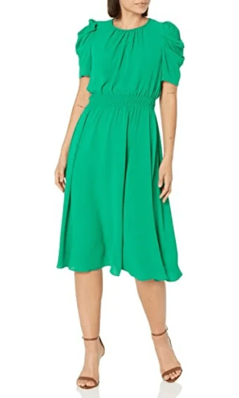 Online Boutiques Best London Times T6180M - Puffy Sleeve Midi Flowy Dress