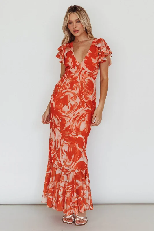 Everyday Women's Fashion Trends Lydiah Ruffle Sleeve Maxi Dress Floral Orange