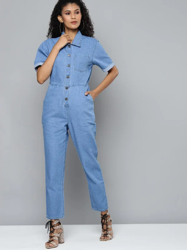 Classic Women's Clothing Styles Blue Denim Belted Jumpsuit
