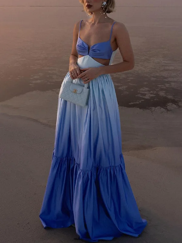 Charming Women's Clothes For Special Events Gradient Color Print Cutout Graceful Waist Tiered Maxi Dress