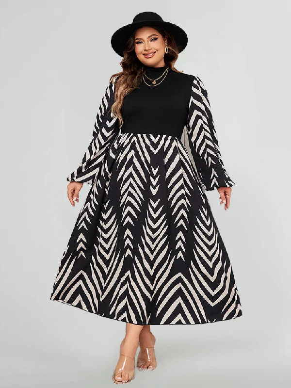 Women's Casual Clothing For Lounging Striped Mock Neck Long Sleeve Dress