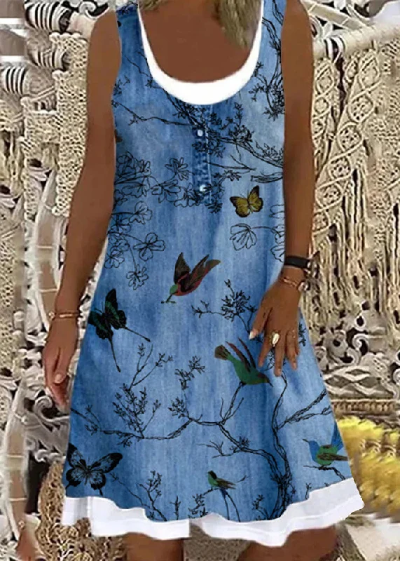 Fashion Forward Outfits Italian Bird Print False Two Pieces Denim Mid Dress Sleeveless