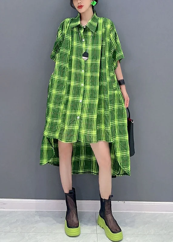 Elegant Women's Clothing Online Stylish Green Plaid Peter Pan Collar Patchwork Cotton Shirts Dress Summer