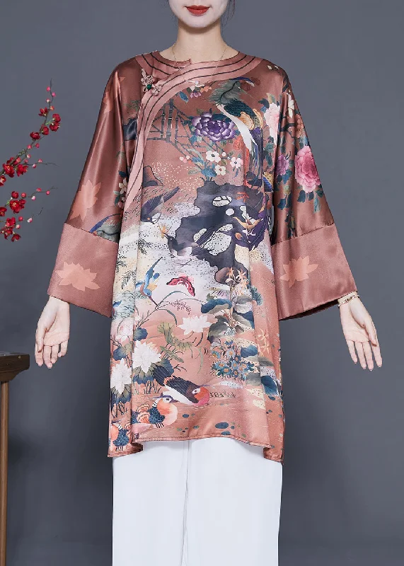 Huge Price Cut Chinese Style Coffee Chinese Button Print Silk Dress Spring