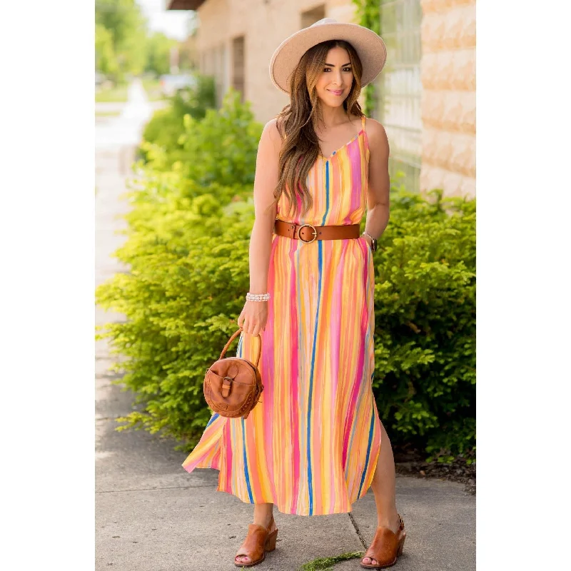 Redefining Women's Style Multi Color Striped Thin Strapped Maxi