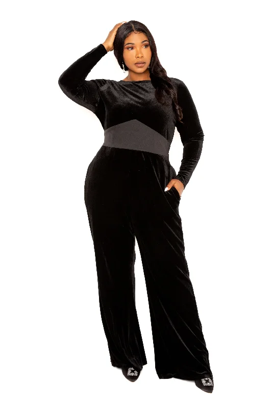 Elegant Women's Fashion Velvet Jumpsuit with Satin Waist Accent