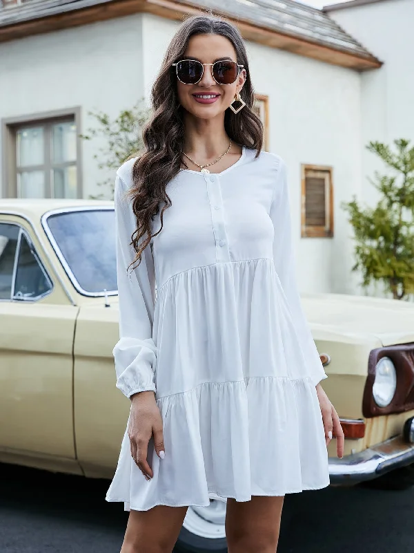 Women's Clothing For Holiday Travel KittenAlarm - Lantern Sleeve Button Front Ruffle Hem Dress Women's Clothing For Holiday Travel KittenAlarm - Lantern Sleeve Button Front Ruffle Hem Dress