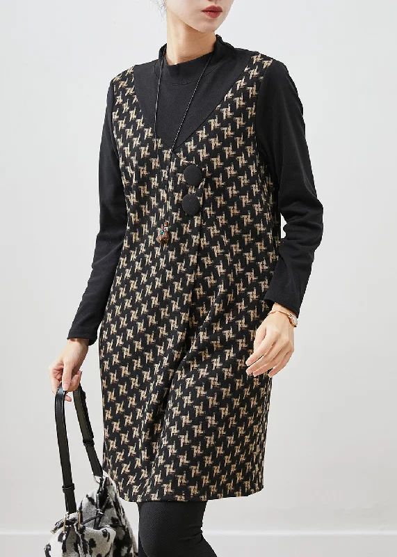Classic Clothes For Women French Black Print Patchwork Cotton Fake Two Piece Dress Spring Classic Clothes For Women French Black Print Patchwork Cotton Fake Two Piece Dress Spring