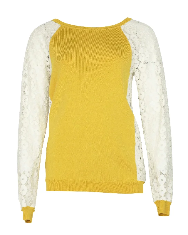 Casual Chic Clothing For Women Moschino Cheap and Chic Knit Sweater with Lace Sleeves in Yellow Rayon Casual Chic Clothing For Women Moschino Cheap and Chic Knit Sweater with Lace Sleeves in Yellow Rayon
