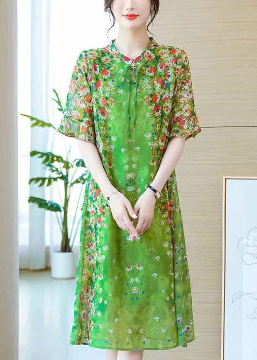 Holiday Glam Loose Green Lace Up Print Silk Long Dresses Summer