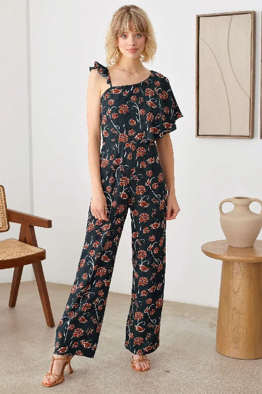 Holiday Special Offers Floral Short Ruffle Sleeve Ruffle Strap Wide Leg Side Zipper Jumpsuit