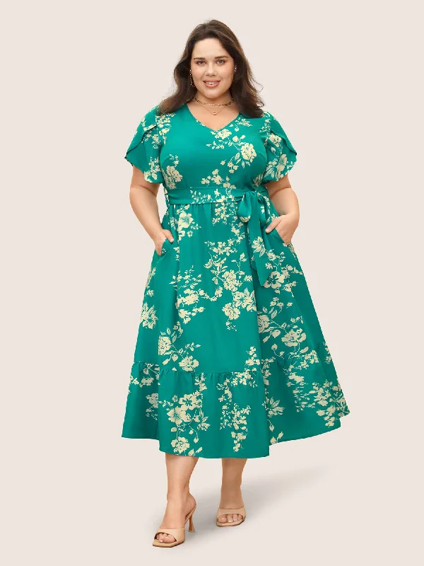 Online Impressions Boutique V Neck Floral Petal Sleeve Belted Dress