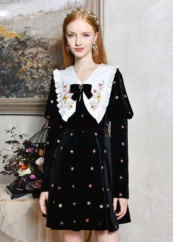 Boutique Dress Online DIY Black Bow Collar Embroideried Silk Velour Dresses Spring